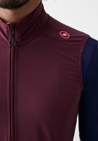 Gilet de cyclisme sans manches bordeaux avec col haut, fermeture éclair et un petit logo rouge sur l'épaule. Texture lisse avec une coupe ajustée.