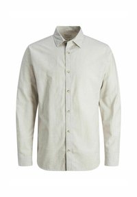 Camicia a maniche lunghe a righe verde chiaro e bianco con colletto e bottoni frontali, realizzata in un tessuto morbido e con una vestibilità comoda.