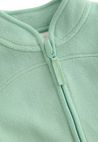 Jachetă din fleece de culoare verde deschis, cu guler înalt și fermoar. Textură moale cu detalii de cusut pe cusături și etichetă din material în interior.