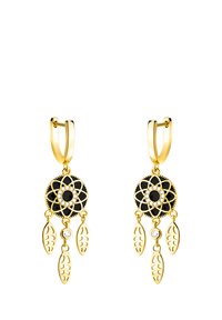 Guldtonade örhängen har en svart cirkulär design med ett blommönster, en central svart sten, klara juveler och tre bladformade dekorationer.
