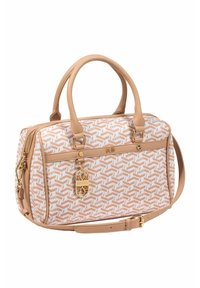Brązowa torebka o wzorzystym kanwasowym korpusie, skórzanych akcentach, podwójnych uchwytach oraz odpinanym pasku na ramię. Złote elementy metalowe z metką z logo.