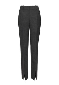 Hallid hallid püksid, millel on õrn hundihammustuste muster, sirge ja sleek jalg ning külgedel lõhenemised helga detaili jaoks.