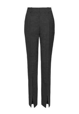 Szürke, nadrágszövetből készült nadrág, finom houndstooth mintázattal, elegáns egyenes szabással, oldalsó hasítékokkal az alján, amelyek tovább fokozzák a részleteket.