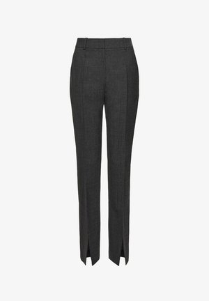 Szare dopasowane spodnie z subtelnym wzorem w pied de poule, elegancka prosta nogawka i boczne rozporki u dołu dla dodatkowego akcentu.