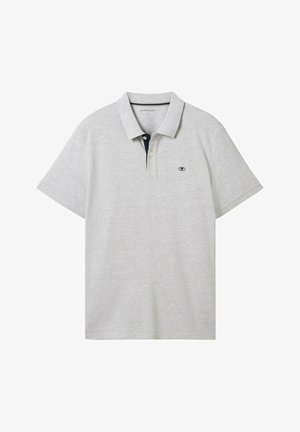 Lichtgrijs poloshirt met korte mouwen, een omgeslagen kraag, een knoopsluiting met twee knopen en een klein zwart logo op de linkerborst.