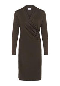 Robe marron foncé à manches longues, longueur genoux, avec un col en V, un devant croisé et un détail froncé sur le côté droit.