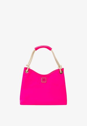 Felroze handtas met touwen als handvatten en een gevoerde grip, voorzien van een klein, vierkant merkembleem op het midden vooraan.