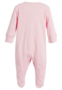 Body baby in cotone rosa chiaro, con maniche lunghe, collo rotondo e design con piedi. Texture liscia, senza motivi o accessori visibili.
