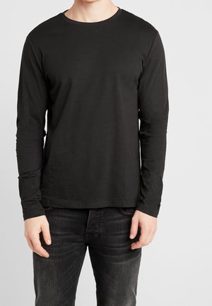 Man wearing plain black long-sleeve t-shirt and faded black jeans standing against a plain light background.