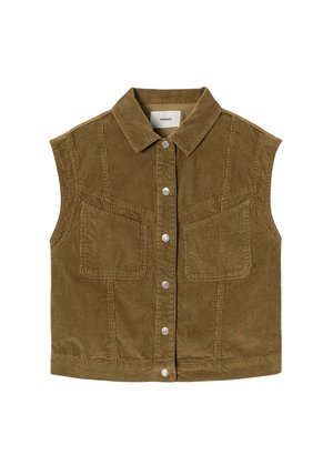 Gilet sans manches en velours côtelé marron avec un col, des boutons sur le devant et deux poches poitrine. Tissu texturé avec un motif côtelé.