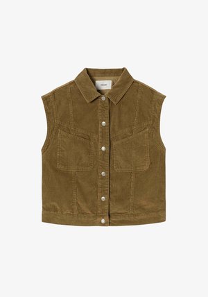 Gilet sans manches en velours côtelé marron avec un col, des boutons sur le devant et deux poches poitrine. Tissu texturé avec un motif côtelé.