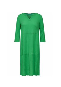 Grünes, knielanges Kleid mit V-Ausschnitt und Dreiviertelärmeln. Texturiert mit gestuften Designelementen für zusätzliches Volumen.