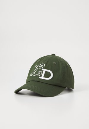 Dark green baseball cap with white embroidered letters "LD" on the front, placed on a white surface.