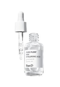 Bottiglia droppper in vetro trasparente contenente siero acido ialuronico, con tappo bianco e etichetta con testo nero, liquido trasparente, pipetta che eroga fluido.