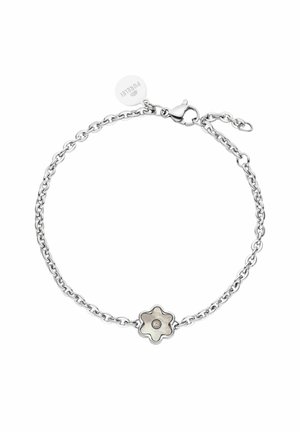 Silberne Kettenarmband mit einem blumenförmigen Anhänger, der mit einem zentralen Edelstein verziert ist. Der Anhänger hat eine glänzende, beige Textur. Verstellbarer Verschluss.