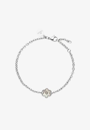 Zilveren kettingarmband met een bloemenvormige hanger met een centrale edelsteen. De hanger heeft een glanzende, beige textuur. Verstelbare sluiting.