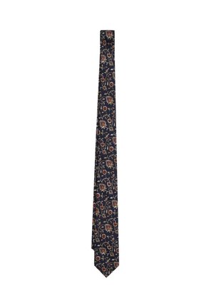Corbata azul marino con detallados patrones florales y de enredaderas en rojo y beige, presentada sobre fondo blanco.