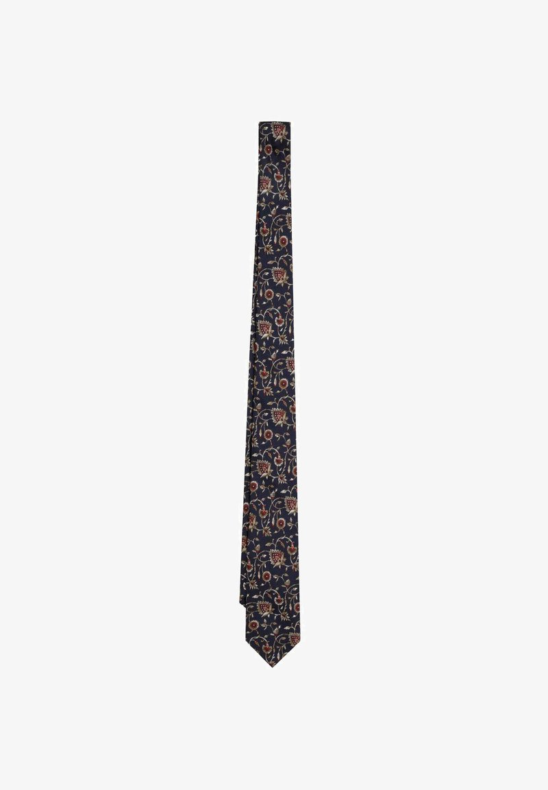 Corbata azul marino con detallados patrones florales y de enredaderas en rojo y beige, presentada sobre fondo blanco.