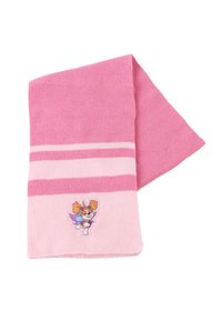 Roze sjaal met twee witte strepen, voorzien van een geborduurd cartoonpersonage-embleem. Zachte breimateriaal, rechthoekige vorm en een gladde textuur.