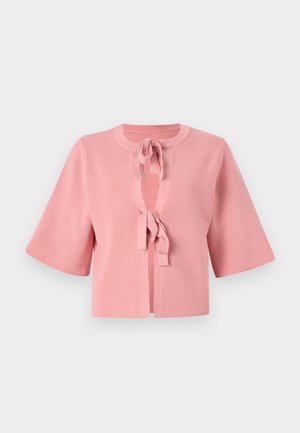 Short pink ribbed cardigan with a round neck, large bell sleeves, and a front tie closure. Textured fabric with a smooth finish.