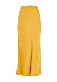 Jupe portefeuille jaune en tissu lisse, avec une taille ajustée et une silhouette fluide, comportant une fente sur le côté et un drapé élégant.