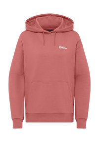 Roze hoodie met een kangoeroezak, verstelbare trekkoordkap en logo op de borst. Zachte textuur, losse pasvorm en lange mouwen.