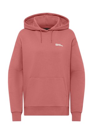 Roze hoodie met een kangoeroezak, verstelbare trekkoordkap en logo op de borst. Zachte textuur, losse pasvorm en lange mouwen.
