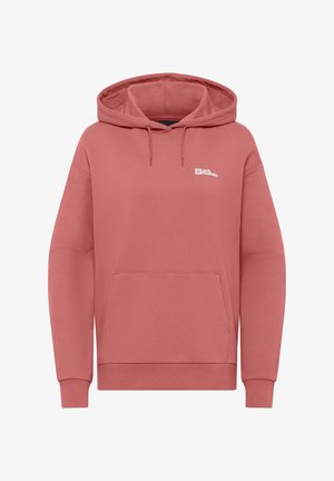 Roze hoodie met een kangoeroezak, verstelbare trekkoordkap en logo op de borst. Zachte textuur, losse pasvorm en lange mouwen.