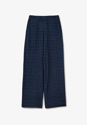 Pantalones de pierna ancha en azul marino con un patrón texturizado de círculos azul oscuro, que presentan una cintura alta y bolsillos laterales para mayor practicidad.