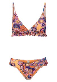 Conjunto de bikini colorido con un top triangular y detalles fruncidos. El patrón incluye remolinos vibrantes y diseños florales sobre un fondo melocotón.