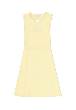 Vestido amarillo sin mangas hecho de tela acanalada, con escote en forma de ojo de cerradura y falda acampanada. Textura suave y longitud por encima de la rodilla.