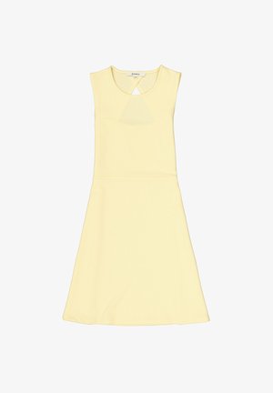 Ärmelloses gelbes Kleid aus geripptem Stoff mit einem Schlüssellochausschnitt und einem ausgestellten Rock. Glatte Textur und knielang.