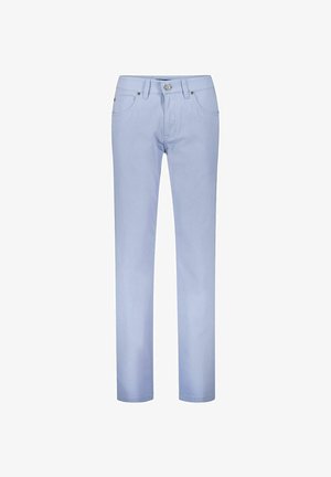 Light blue slim-fit jeans with front button, zipper closure, belt loops, and front pockets, displayed against a white background.