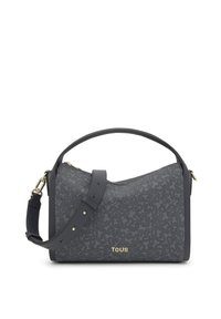 Szara torebka z tłoczonym wzorem, gładką fakturą, złotymi okuciami, regulowanym paskiem oraz logo z przodu.