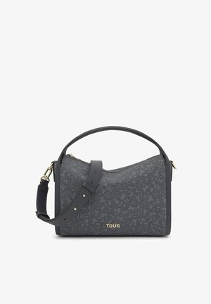 Szara torebka z tłoczonym wzorem, gładką fakturą, złotymi okuciami, regulowanym paskiem oraz logo z przodu.