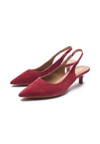 Crvene cipele na petu od brušene kože, s uskim vrhom, niskom malom petom i glatkom unutarnjom postavom. Imaju izrezani dizajn za bolju prozračnost.