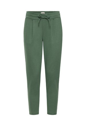 Pantalones de chándal verdes con cintura ajustable, bolsillos laterales y un corte ajustado. Fabricados con una tela suave y de textura lisa.
