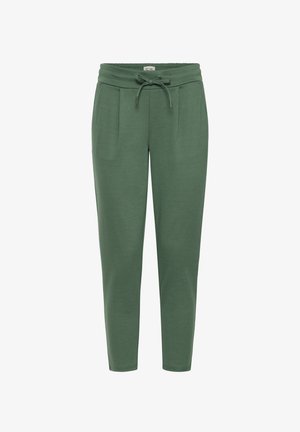 Pantalones de chándal verdes con cintura ajustable, bolsillos laterales y un corte ajustado. Fabricados con una tela suave y de textura lisa.
