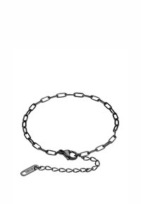 Bracciale in catena nera in metallo con anelli ovali, dotato di un gancio e di una catena di estensione con un piccolo tag. Texture liscia e design minimalista.