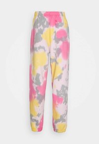 Tie-dye trainingsbroek in roze, geel, grijs en wit. Kenmerken zijn een elastische tailleband en enkels met een enkele achterzak.