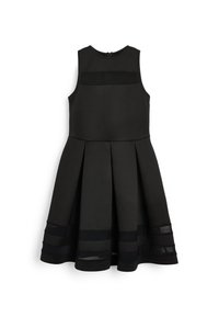 Czarna sukienka bez rękawów z dopasowanym topem i plisowanym dołem. Posiada przezroczyste poziome paski u dołu, które nadają kontrast tekstury.