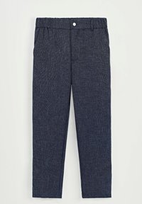 Pantalon bleu marine en tissu texturé, avec une fermeture à bouton, des poches latérales et une coupe droite. La ceinture est élastiquée.