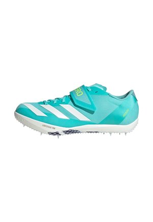 Turquoise racing spike shoes with white stripes, mesh upper, adjustable strap, and rubber outsole featuring metal spikes for traction.