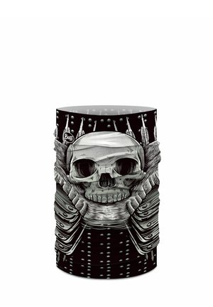 Black neck gaiter with detailed white skull graphic and skeletal arms wrapping around the skull, showing metallic stud patterns.