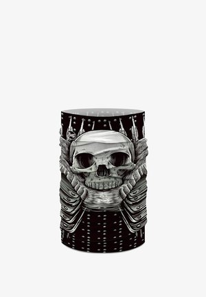 Schwarzer Halswärmer mit detaillierter weißer Totenkopf-Grafik und skelettartigen Armen, die den Schädel umschlingen und metallische Nietenmuster zeigen.