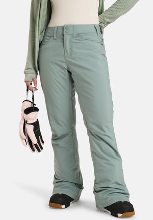 Person in einer hellgrünen Schneehose und schwarzen Schneestiefeln, die pinke und schwarze Winterhandschuhe an ihrer Seite hält.