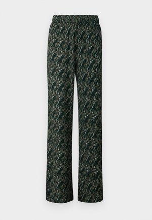Pantaloni a gamba larga in tessuto verde scuro con un motivo intricato e multicolore. Presentano una vita elasticizzata per il massimo comfort.