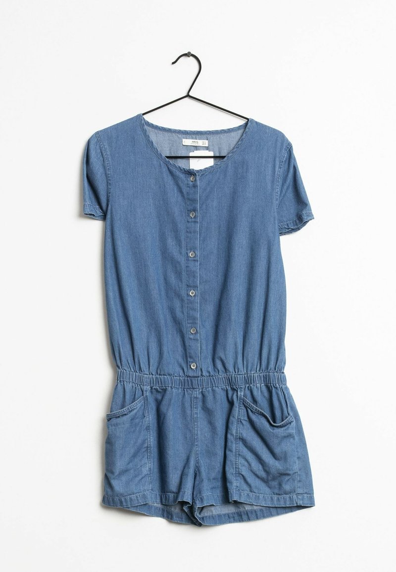 Denim jumpsuit with short sleeves, round neck, front button closure, elastic waist, and two front pockets. Worn on a black hanger.