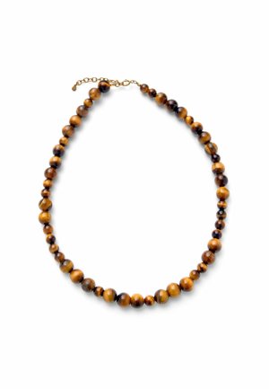 Kaelakee, millel on ümmargused tiigrisilma pärlid erinevates suurustes ja kuldne kinnis valgel taustal.