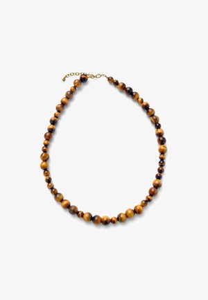 Naszyjnik z okrągłymi koralikami z tygrysiego oka o różnych rozmiarach i złotym zapięciem na białym tle.